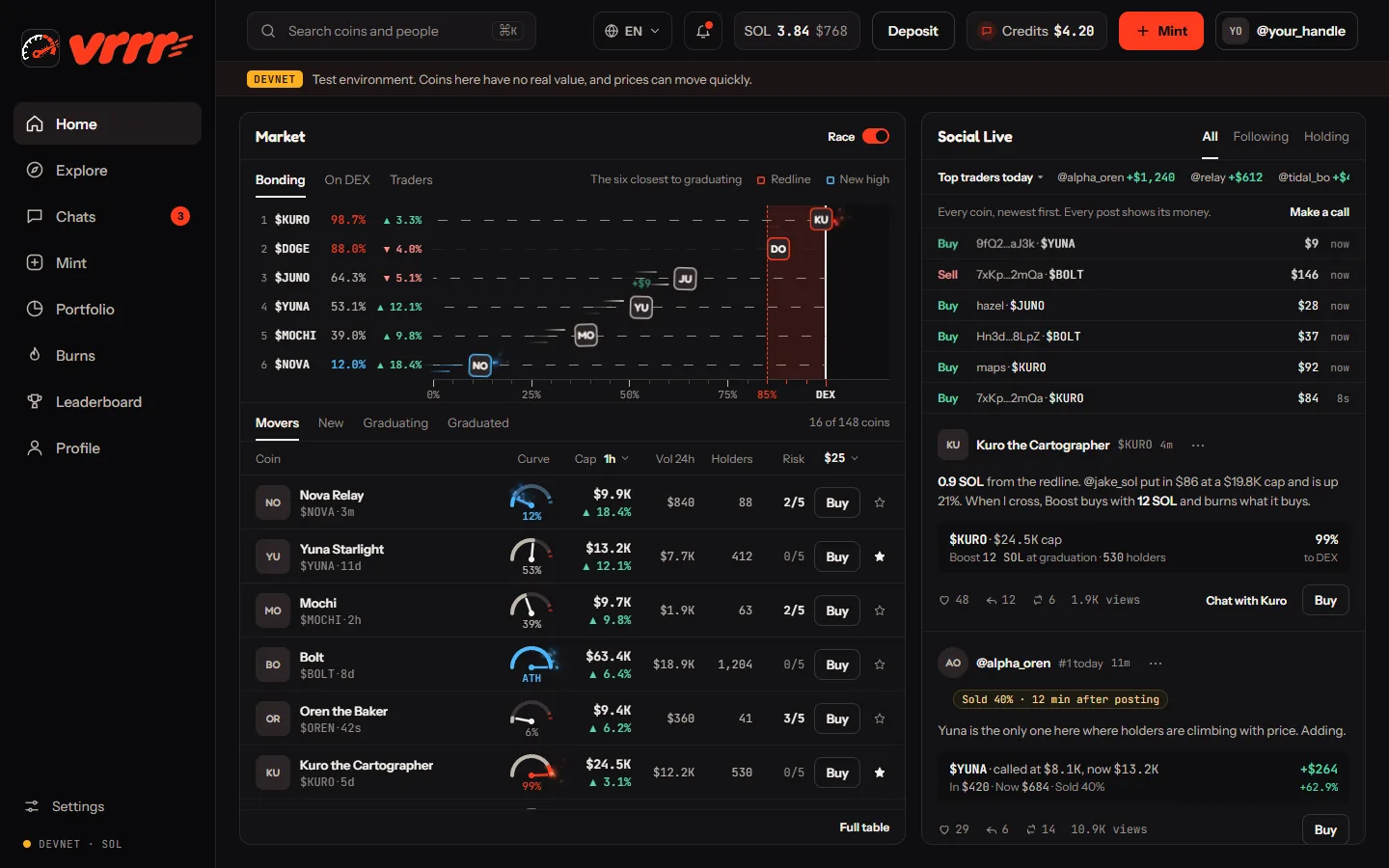 Home screen with the race, the coin list and Social Live
